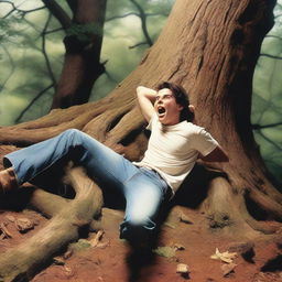 An extremely realistic scene of an attractive young man lying flat on his back across the top of an altar made from a giant tree stump