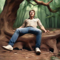 An extremely realistic scene of an attractive young man lying flat on his back across the top of an altar made from a giant tree stump