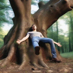 An extremely realistic scene of an attractive young man lying flat on his back across the top of an altar made from a giant tree stump