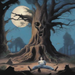 A nighttime scene with a full moon illuminating a giant tree stump turned into an altar