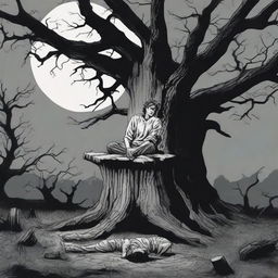 A nighttime scene with a full moon illuminating a giant tree stump turned into an altar