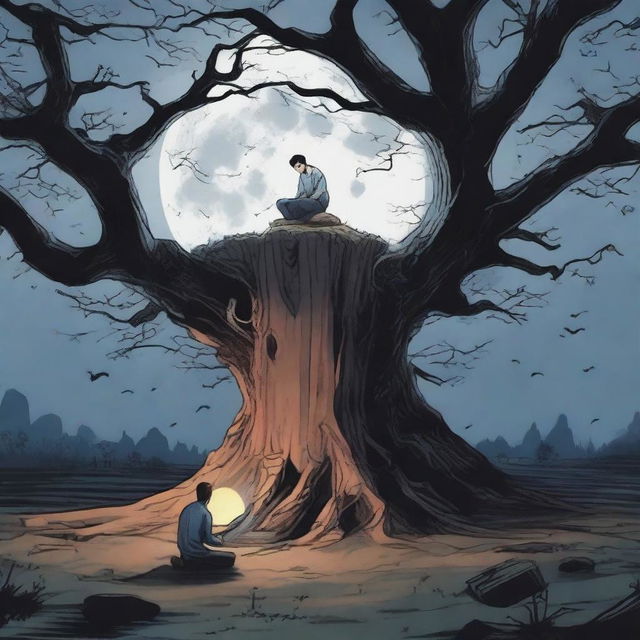 A nighttime scene with a full moon illuminating a giant tree stump turned into an altar