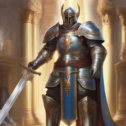 A noble D&D paladin devoted to the god Helm, wearing shining, ornate armor adorned with symbols of protection and vigilance