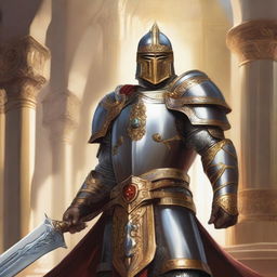 A noble D&D paladin devoted to the god Helm, wearing shining, ornate armor adorned with symbols of protection and vigilance