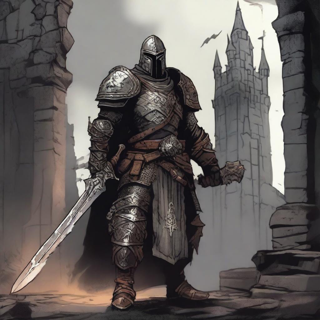 A D&D paladin inspired by the Dark Souls universe, clad in grim, battle-worn armor with intricate designs