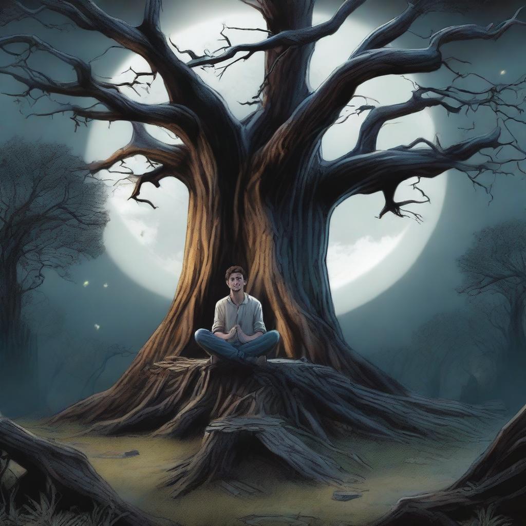 A realistic nighttime scene with a full moon illuminating a giant tree stump turned into an altar