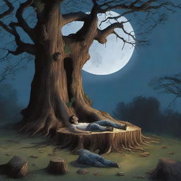 A realistic nighttime scene with a full moon illuminating a giant tree stump turned into an altar