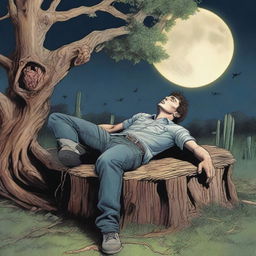 A realistic close-up of a frightened and attractive young man lying flat on his back across the top of an altar made from a giant tree stump