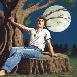 A realistic close-up of a frightened and attractive young man lying flat on his back across the top of an altar made from a giant tree stump