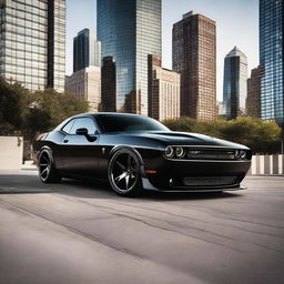 A sleek black widebody Dodge Challenger equipped with Rucci forged wheels