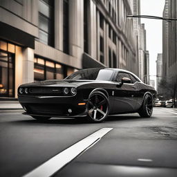 A sleek black widebody Dodge Challenger equipped with Rucci forged wheels