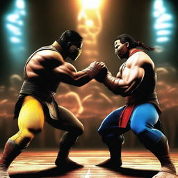 An intense battle scene featuring characters from Mortal Kombat and Street Fighter facing off against each other