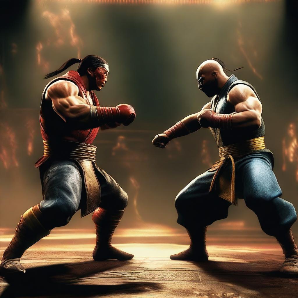 An intense battle scene featuring characters from Mortal Kombat and Street Fighter facing off against each other