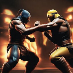 An intense battle scene featuring characters from Mortal Kombat and Street Fighter facing off against each other