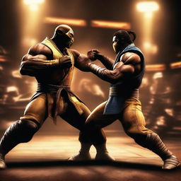 An intense battle scene featuring characters from Mortal Kombat and Street Fighter facing off against each other