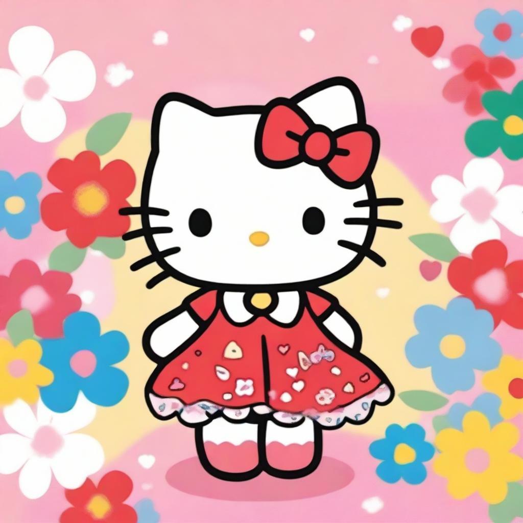 A cute and adorable illustration of Hello Kitty, the popular character from Sanrio, wearing her classic red bow and a cute outfit