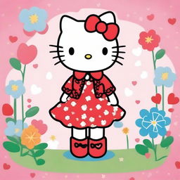 A cute and adorable illustration of Hello Kitty, the popular character from Sanrio, wearing her classic red bow and a cute outfit