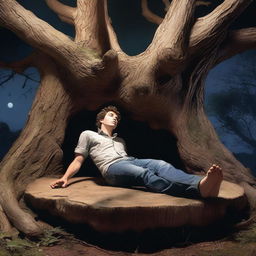 A photorealistic close-up of a frightened and attractive young man lying flat on his back across the top of an altar made from a giant tree stump