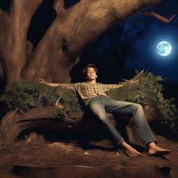 A photorealistic close-up of a frightened and attractive young man lying flat on his back across the top of an altar made from a giant tree stump