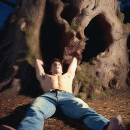 A photorealistic close-up of a frightened and attractive young man lying flat on his back across the top of an altar made from a giant tree stump