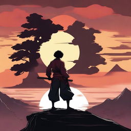 A striking image of an Afro Samurai standing on a cliff with a sunset in the background