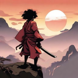 A striking image of an Afro Samurai standing on a cliff with a sunset in the background