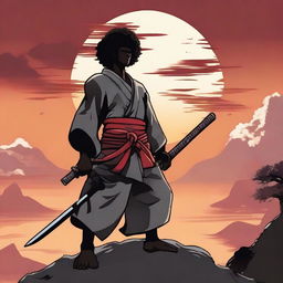 A striking image of an Afro Samurai standing on a cliff with a sunset in the background