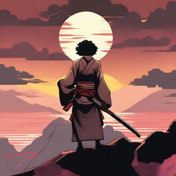 A striking image of an Afro Samurai standing on a cliff with a sunset in the background