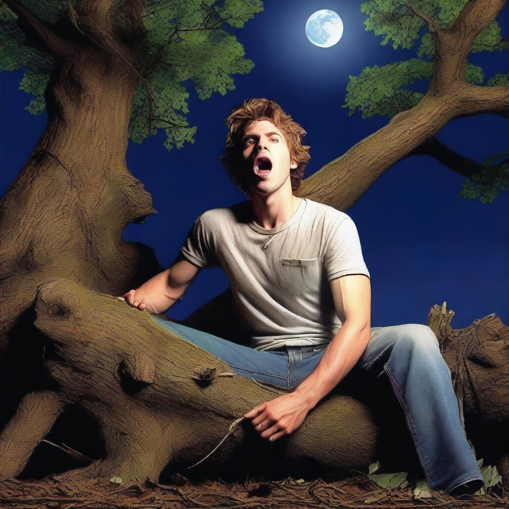 A photorealistic close-up of a frightened and attractive young man lying flat on his back on top of a giant tree stump turned into an altar