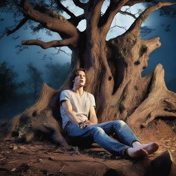 A photorealistic close-up of a frightened and attractive young man lying flat on his back on top of a giant tree stump turned into an altar