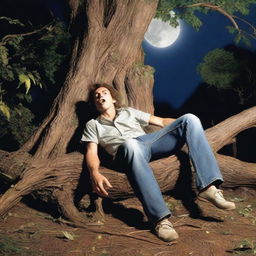 A photorealistic close-up of a frightened and attractive young man lying flat on his back on top of a giant tree stump turned into an altar