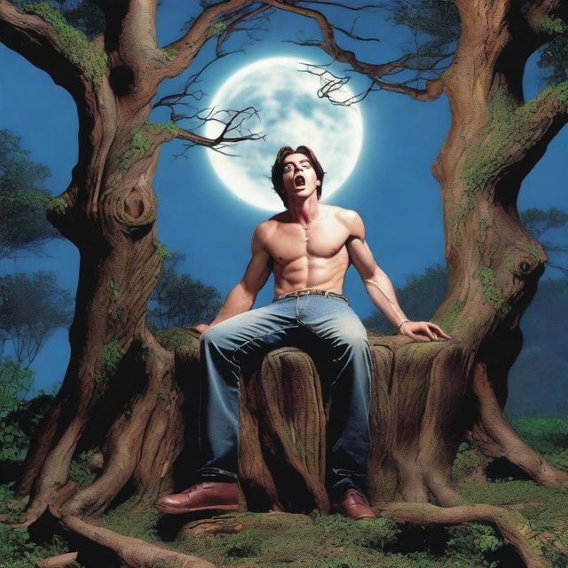 A photorealistic close-up of a frightened and attractive young man lying flat on his back on top of a giant tree stump turned into an altar