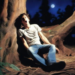 A photorealistic close-up of a frightened and attractive young man lying flat on his back across the top of an altar made from a giant tree stump