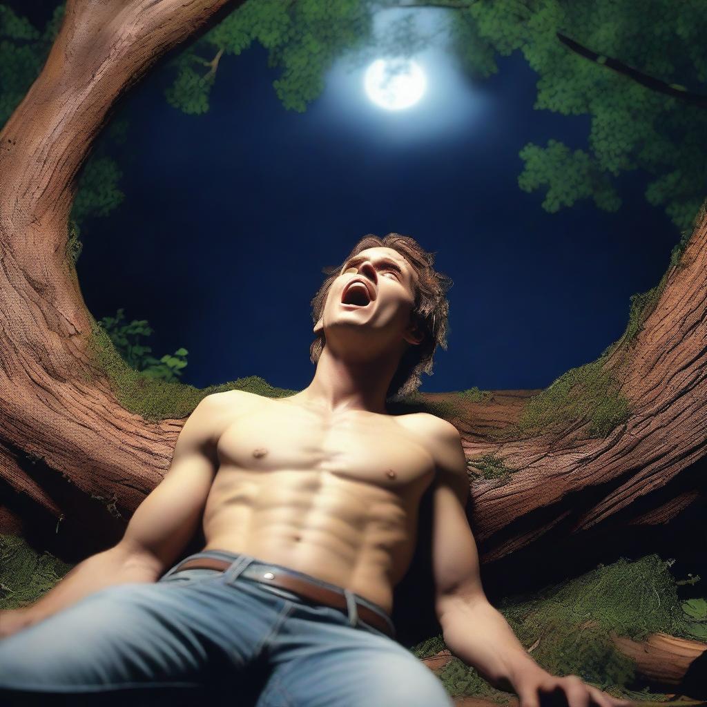 A photorealistic close-up of a frightened and attractive young man lying flat on his back across the top of an altar made from a giant tree stump