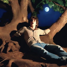 A photorealistic close-up of a frightened and attractive young man lying flat on his back across the top of an altar made from a giant tree stump