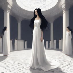 A surrealist medieval digital painting: A young woman with long, wavy black hair stands on a white tiled floor, looking confused around her