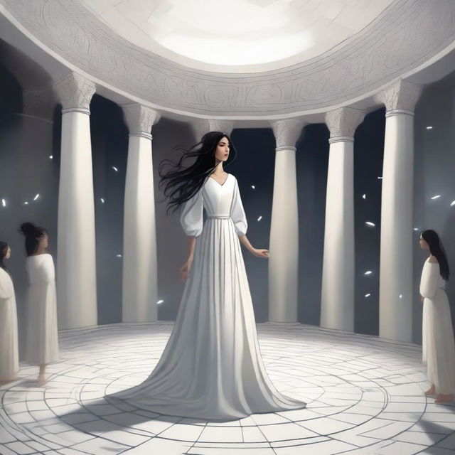 A surrealist medieval digital painting: A young woman with long, wavy black hair stands on a white tiled floor, looking confused around her