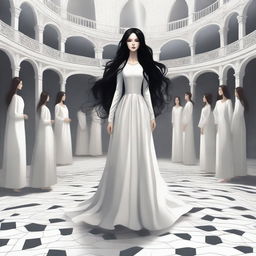 A surrealist medieval digital painting: A young woman with long, wavy black hair stands on a white tiled floor, looking confused around her