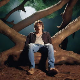 A photorealistic close-up of a frightened and attractive young man lying flat on his back across the top of an altar made from a giant tree stump