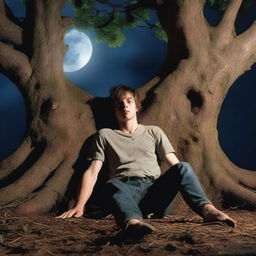 A photorealistic close-up of a frightened and attractive young man lying flat on his back across the top of an altar made from a giant tree stump