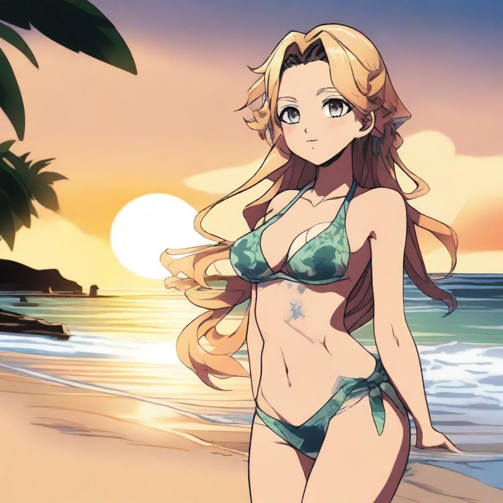 A detailed illustration of Shinobu Kocho from the anime Demon Slayer wearing a bikini