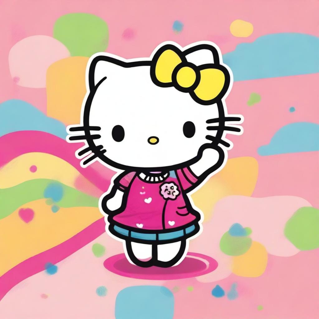 A cute illustration of Hello Kitty with curly hair, holding up a peace sign