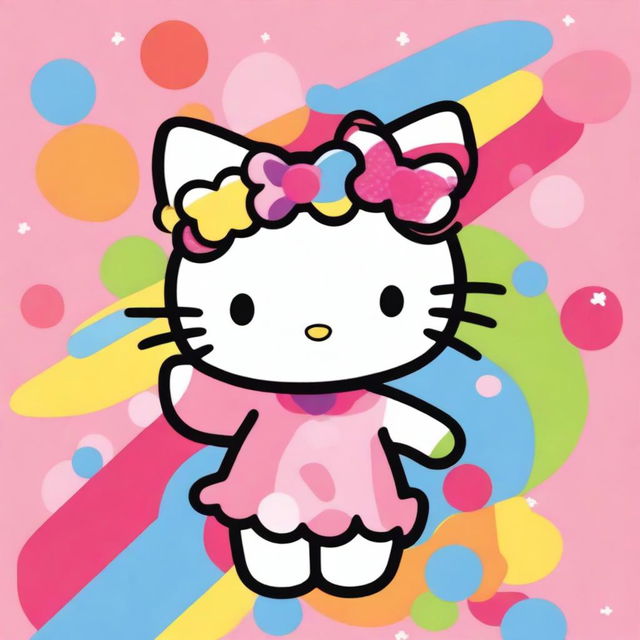 A cute illustration of Hello Kitty with curly hair, holding up a peace sign