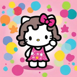 A cute illustration of Hello Kitty with curly hair, holding up a peace sign