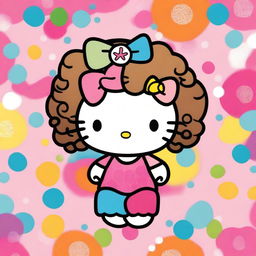 A cute illustration of Hello Kitty with curly hair, holding up a peace sign