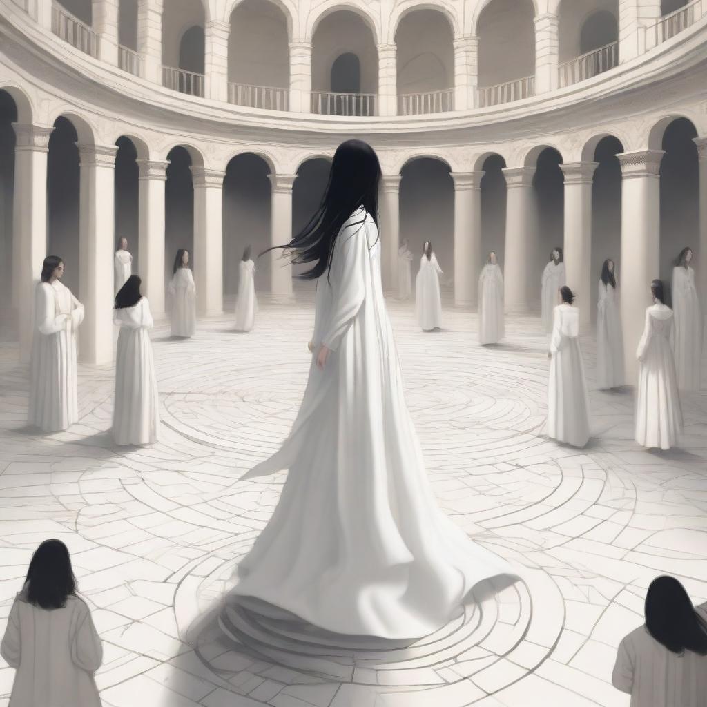 A surrealist medieval digital painting: A young woman with long, wavy black hair stands on a white tiled floor, looking confused around her