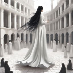 A surrealist medieval digital painting: A young woman with long, wavy black hair stands on a white tiled floor, looking confused around her