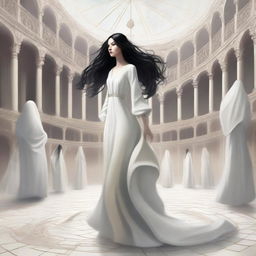 A surrealist medieval digital painting: A young woman with long, wavy black hair stands on a white tiled floor, looking confused around her