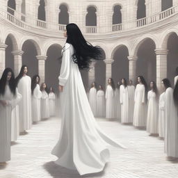 A surrealist medieval digital painting: A young woman with long, wavy black hair stands on a white tiled floor, looking confused around her