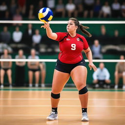 A volleyball player with a voluptuous figure, wearing a sports uniform, in action during a game